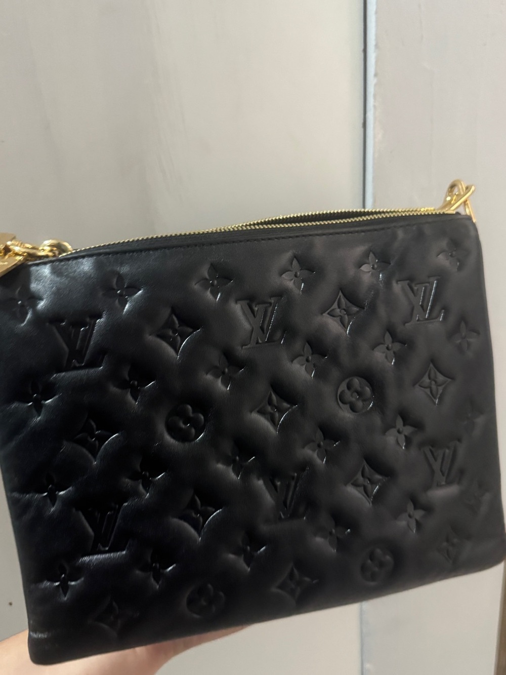 Louis Vuitton Black Monogram Embossed Leather Wristlet with Gold Hardware